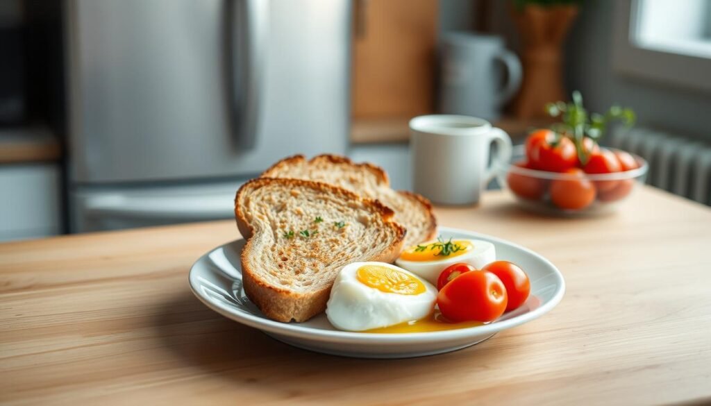 Crisp, well-portioned breakfast meal prep laid out in a cozy kitchen. A plate with two whole-grain toast slices, a soft-boiled egg, and a side of juicy cherry tomatoes. Fresh herbs and a light drizzle of olive oil add pops of color and flavor. Soft natural light filters in, casting a warm glow and highlighting the meal's clean, nourishing aesthetic. Wooden textures and light blue accents create a calming, minimalist atmosphere, perfect for weight-conscious mornings. No distractions, just a simple, balanced meal to start the day right.