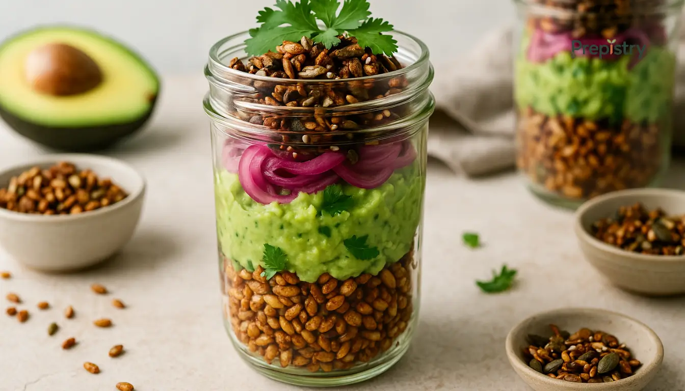 Crispy Barley & Creamy Avocado Lunch Jars Layered mason jar salad with crispy barley, avocado mash, pickled onions, and seed topping