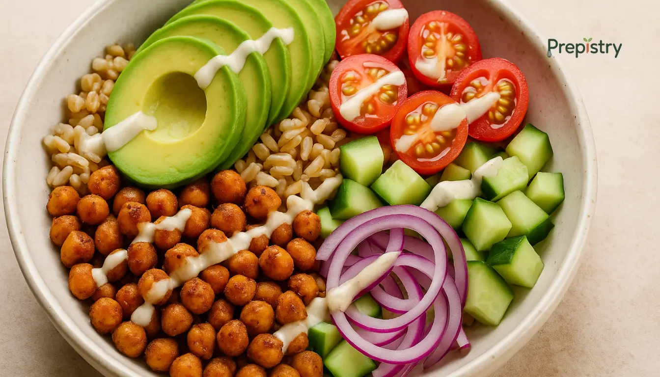 Crispy Chickpea & Avocado Grain Bowl Bowl filled with crispy chickpeas, avocado, quinoa, cucumber, and tomatoes