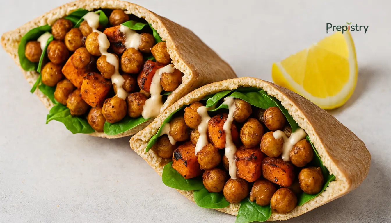 Crispy Chickpea & Sweet Potato Hash Pitas Crispy chickpea and sweet potato pita pockets with greens and tahini drizzle on a plate