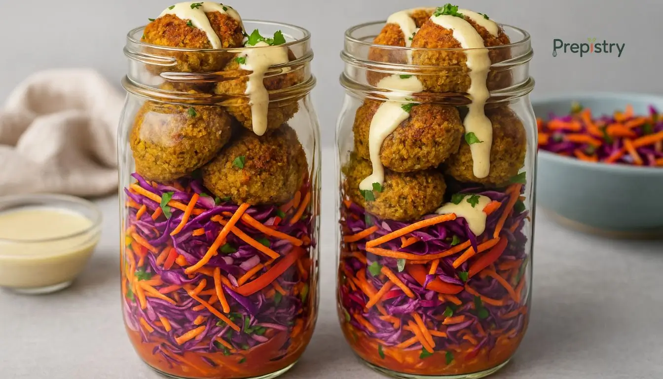 Crispy Falafel & Rainbow Slaw Lunch Jars Layered jars with crispy falafel, rainbow slaw, and tahini drizzle on a gray background