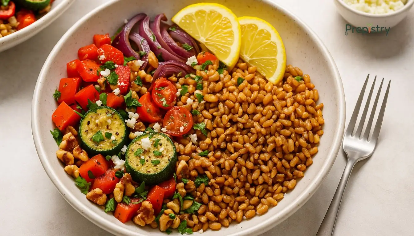 Crispy Farro & Roasted Veggie Lunch Bowls Colorful lunch bowl with farro, roasted vegetables, lemon slices, and feta