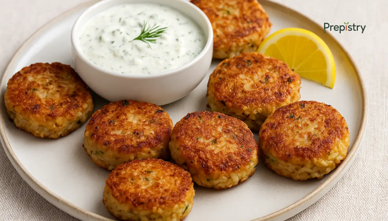 Crispy Tuna Rice Cakes with Lemon-Herb Yogurt Golden-brown tuna rice cakes with lemon wedges and creamy yogurt dip on a ceramic plate