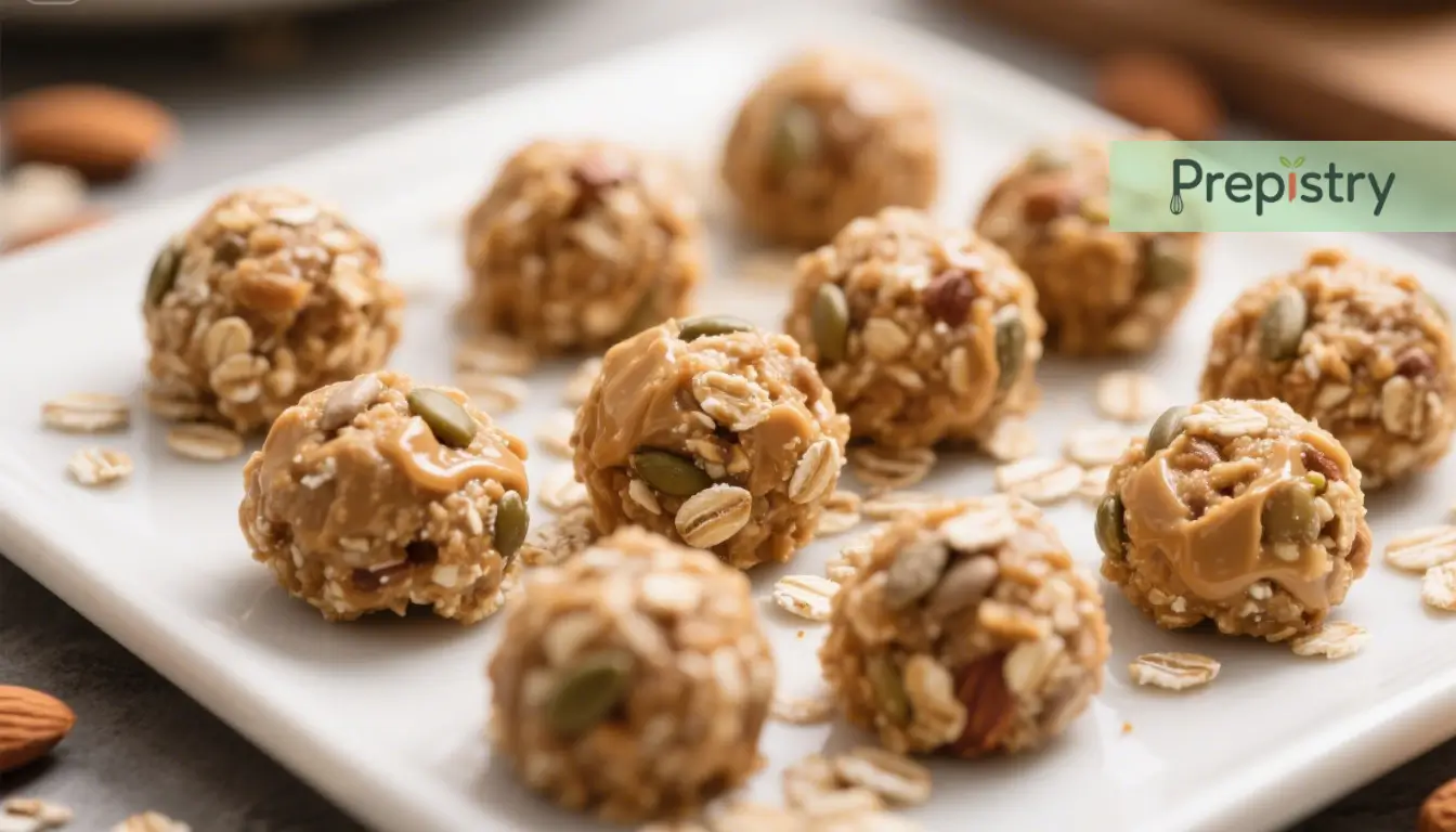 Crunchy Almond Butter Energy Clusters Energy clusters made with almond butter, oats, seeds, and nuts on a plate.