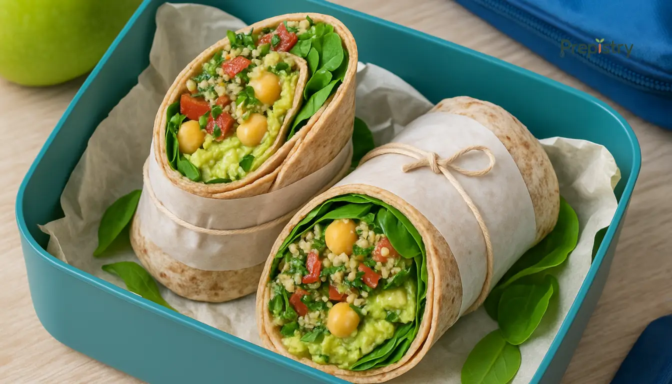 Crunchy Chickpea & Avocado Tabbouleh Wraps Two sliced wraps with chickpeas, avocado, tabbouleh, and spinach in a blue lunchbox