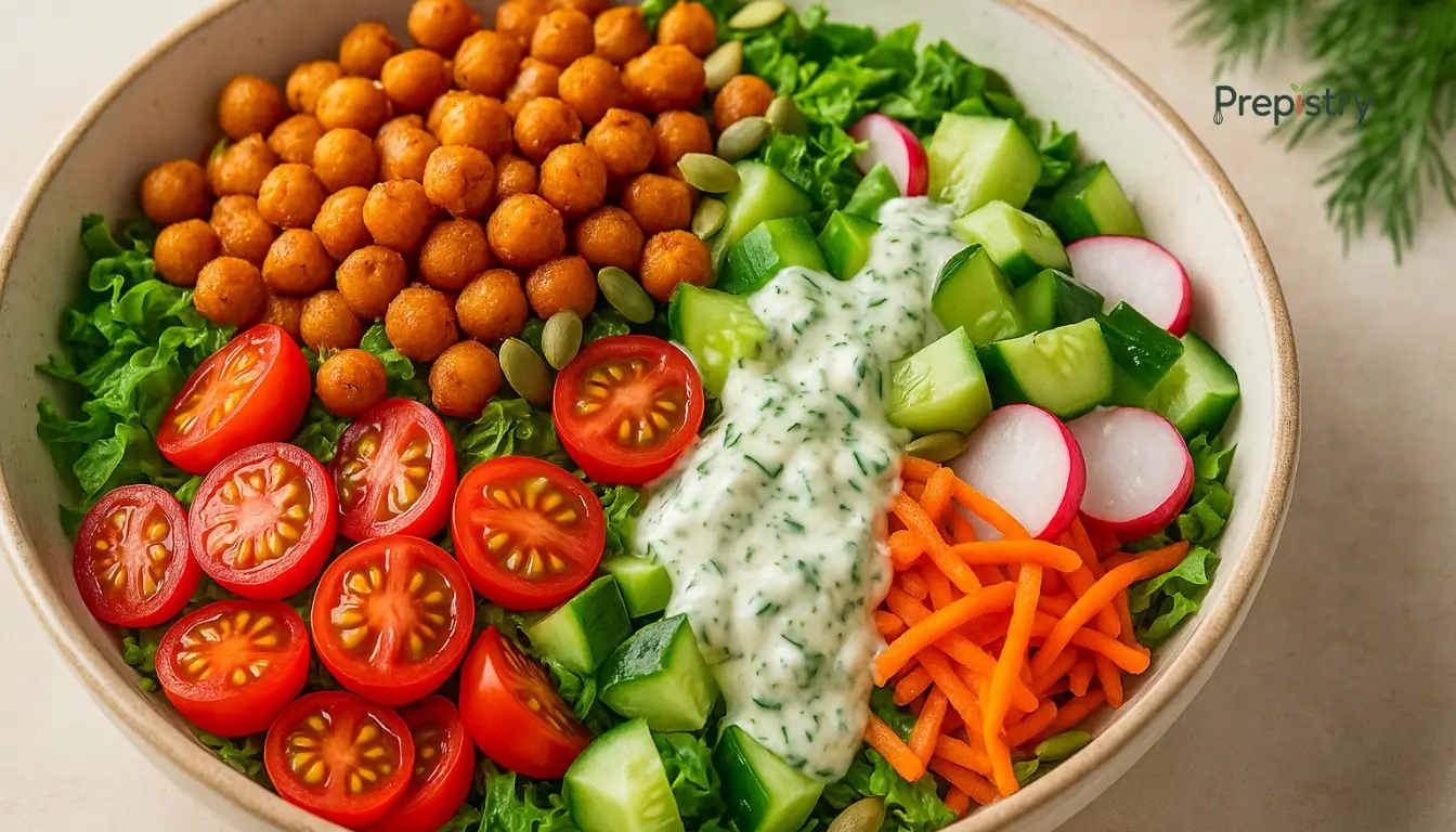 Crunchy Chickpea Garden Salad Bowl of chickpea salad with tomatoes, cucumbers, carrots, radishes, and herbed dressing