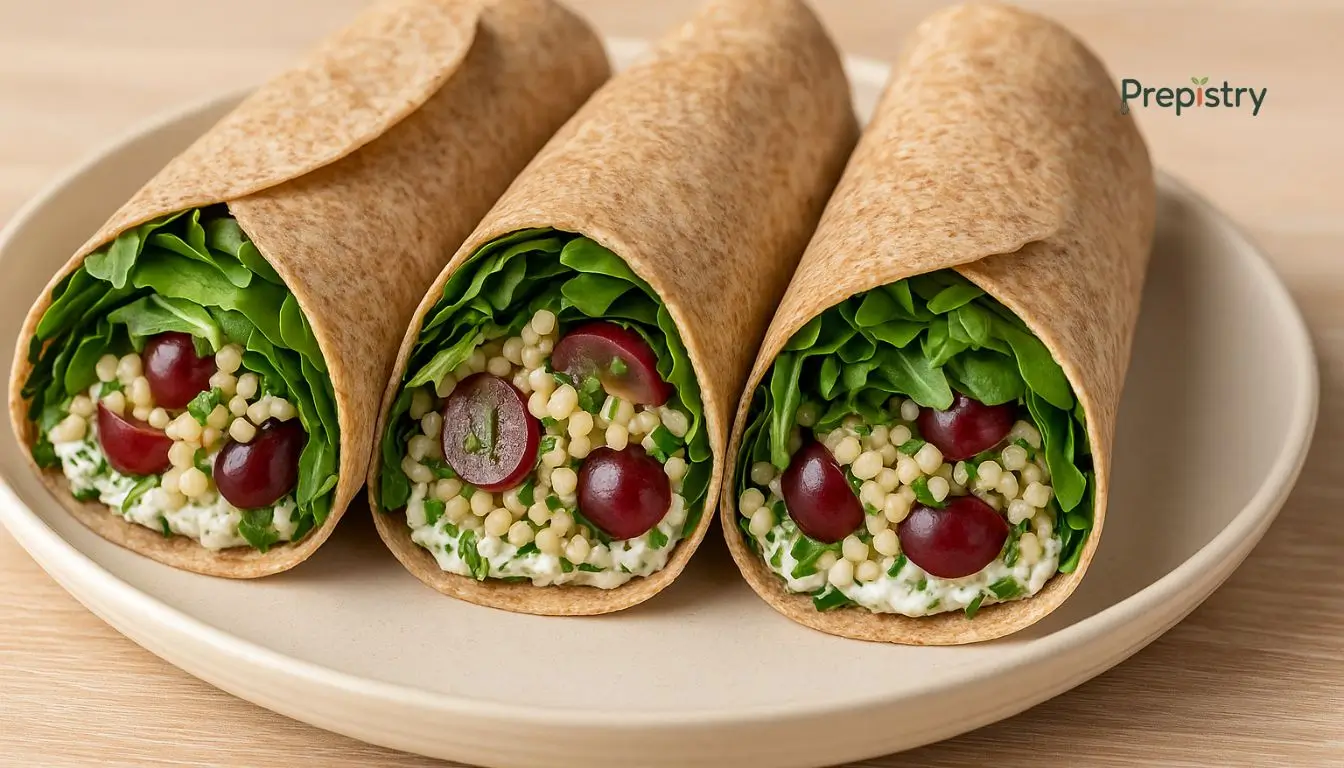 Crunchy Grape & Herbed Goat Cheese Whole grain wraps filled with couscous, grapes, goat cheese, and fresh greens on a plate