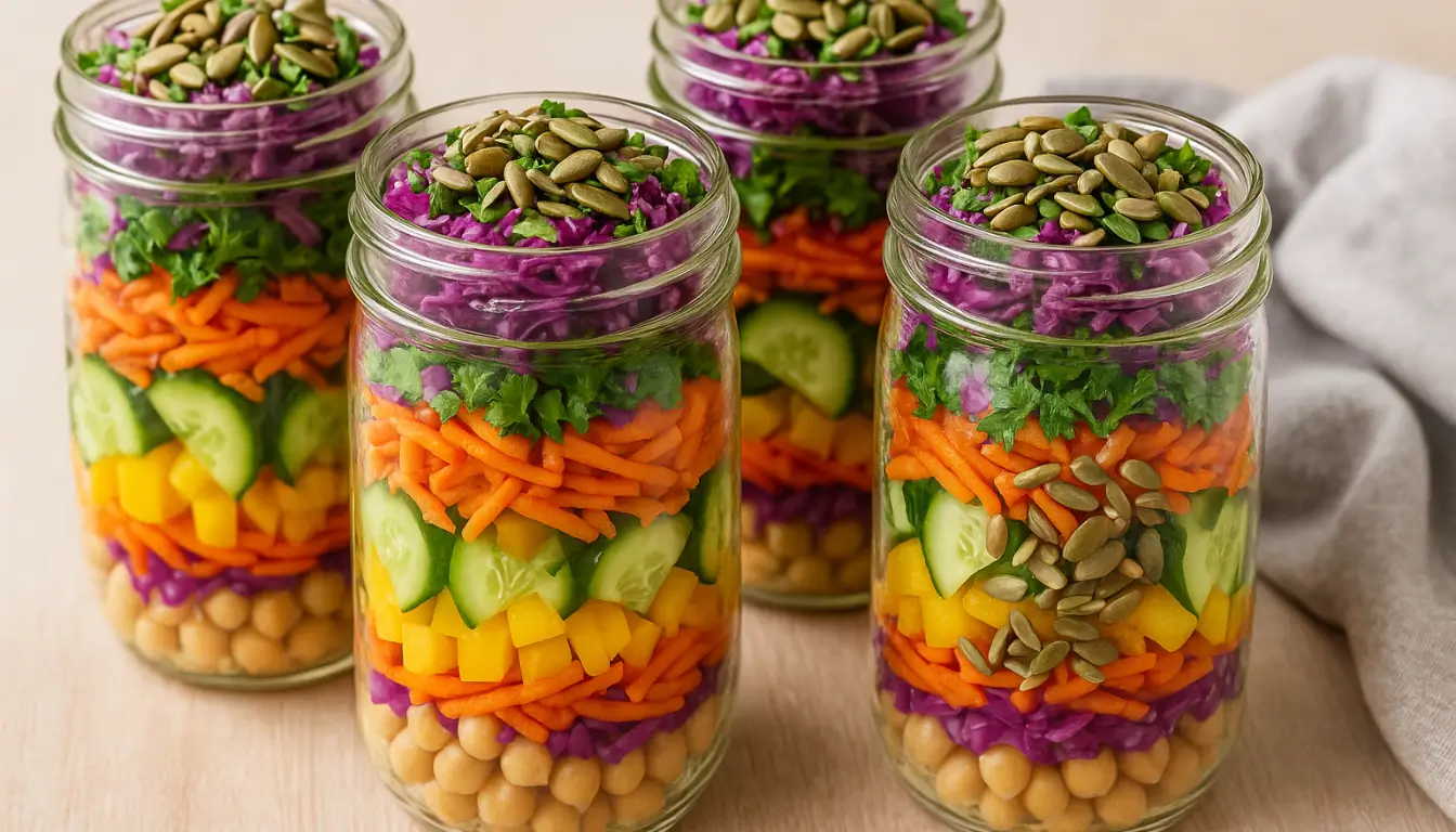 Crunchy Rainbow Chickpea Crunch Cups Colorful mason jar salads with chickpeas, layered vegetables, herbs, and seeds
