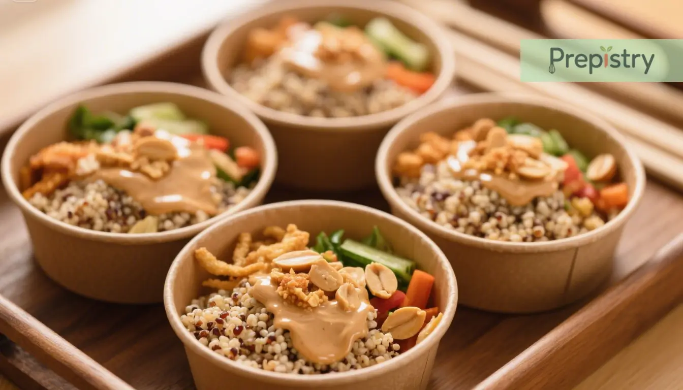 Crunchy Thai Peanut Quinoa Bowls Four quinoa bowls with veggies, peanuts, and Thai peanut sauce.