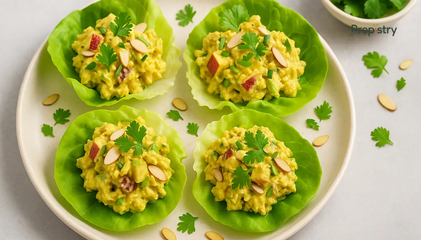 Curried Apple Chicken Salad Lettuce Cups Curried chicken salad with apples and almonds served in crisp green lettuce cups on a ceramic plate