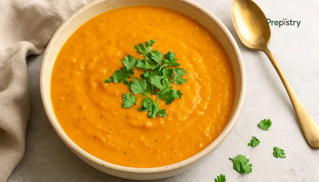Bowl of curried carrot coconut lentil soup topped with cilantro on a light background
