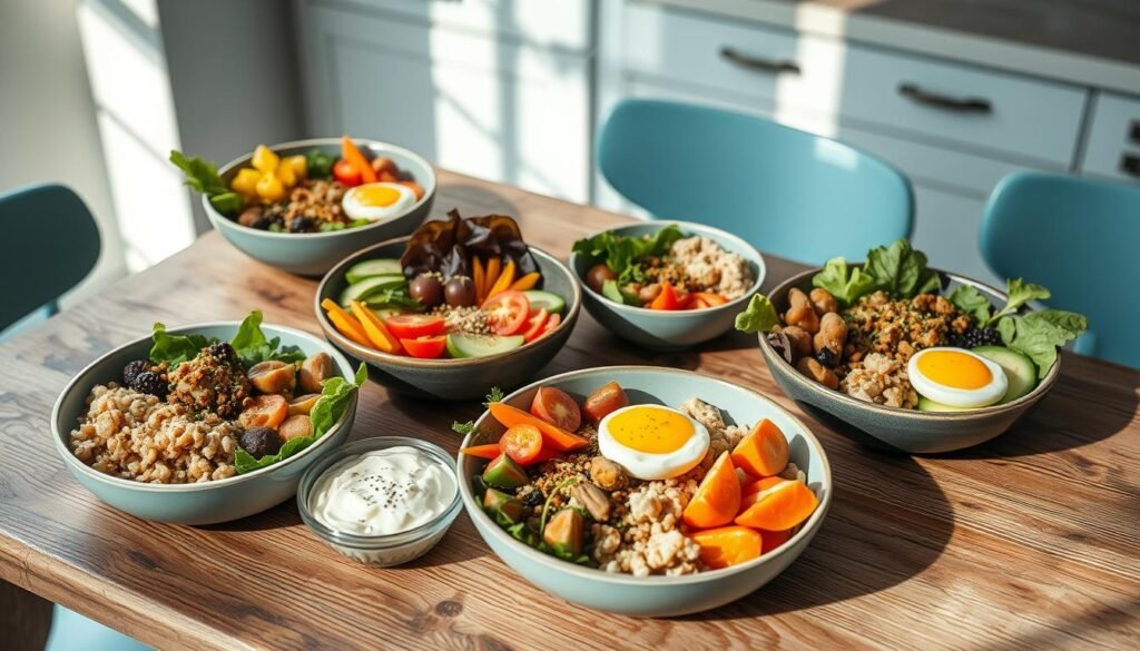 Delectable lunch bowls artfully arranged on a rustic wooden table, bathed in soft, natural light. A vibrant palette of colorful ingredients - crisp vegetables, fluffy grains, creamy dips, and succulent proteins - create a visually appealing and mouthwatering display. The minimal kitchen setting features light blue accents, lending a calming, inviting atmosphere. Captured from a high angle, the image showcases the harmony of these carefully curated flavor combinations, inspiring the viewer to explore new and exciting lunchtime options.