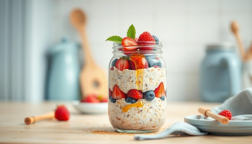 Delectable overnight oats layered in a glass jar, garnished with fresh berries, drizzled with honey, and dusted with a light sprinkling of cinnamon. A minimalist kitchen backdrop with light blue accents and warm wooden textures sets a cozy, inviting scene. The image is captured with a soft, natural lighting, highlighting the pleasing textures and vibrant colors of the breakfast creation. The overall composition evokes a sense of simplicity, nourishment, and a gentle start to the day.