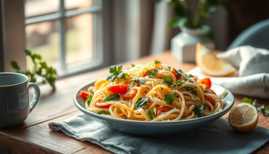 Delicate pasta noodles of various colors and shapes tossed with fresh vegetables, herbs, and a light, tangy dressing. The salad is arranged artfully on a wooden table, with soft blue accents adding a calming, refreshing ambiance. Sunlight filters through a nearby window, casting a warm glow over the scene. The overall mood is one of simplicity, wholesomeness, and seasonal abundance, perfect for a light, revitalizing lunch.