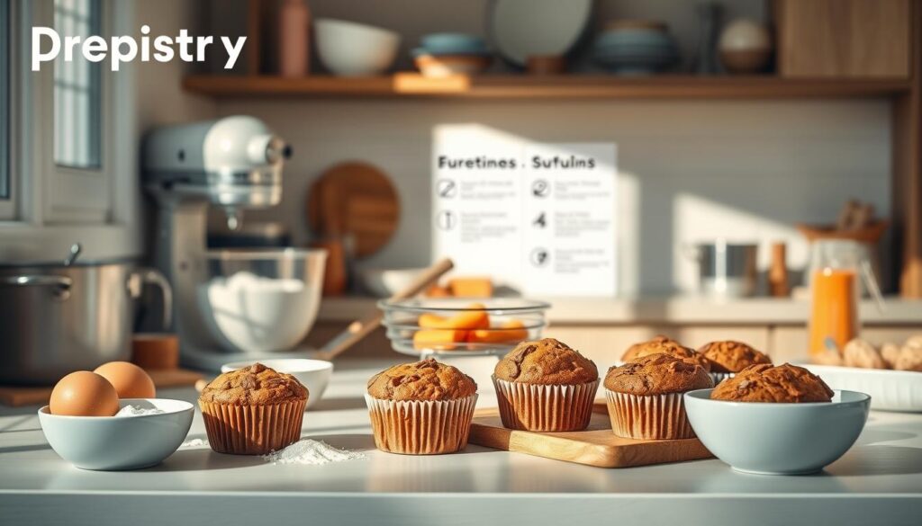 Detailed step-by-step instructions for baking protein-packed carrot cake muffins in a cozy, minimal kitchen setting with wooden textures and light blue accents. Prepistry brand logo prominently displayed. The scene features a clean, well-lit countertop with various baking ingredients and tools neatly arranged, including mixing bowls, a stand mixer, and muffin tins. Flour, eggs, carrots, and other muffin ingredients are visible, along with a step-by-step visual guide illustrating the muffin baking process from start to finish. Soft, natural lighting casts a warm glow over the scene, highlighting the mouthwatering muffins and creating an inviting atmosphere.
