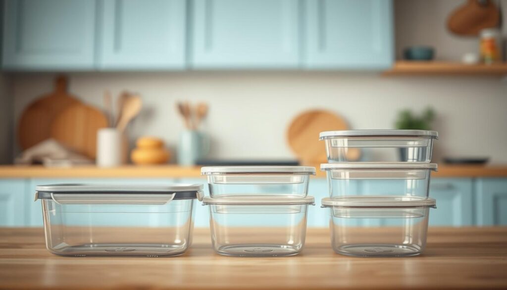 Detailed still life of a row of leak-proof plastic containers with airtight lids in a cozy, minimal kitchen. Soft, even lighting creates a warm, inviting atmosphere. The containers are arranged on a wooden table or countertop with light blue accents in the background, such as cabinets or a tiled backsplash. The containers are in the foreground, showcasing their sleek, modern design and crystal-clear material. The middle ground features a few kitchen utensils or small decorative elements to add visual interest. The background is clean and uncluttered, allowing the containers to be the focal point.