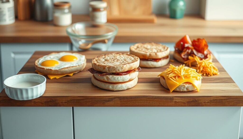 Detailed visual guide showcasing the step-by-step process of preparing freezer-friendly breakfast sandwiches. On a wooden countertop, an assortment of fresh ingredients are neatly organized - fried eggs, toasted English muffins, crispy bacon, and melted cheddar cheese. Soft, diffused lighting creates a warm, inviting atmosphere, highlighting the textures and colors. The composition emphasizes the individual preparation steps, guiding the viewer through the efficient meal prep workflow. A minimalist, clutter-free setting with light blue accents provides a clean, modern backdrop, allowing the ingredients and the step-by-step process to be the focal point.