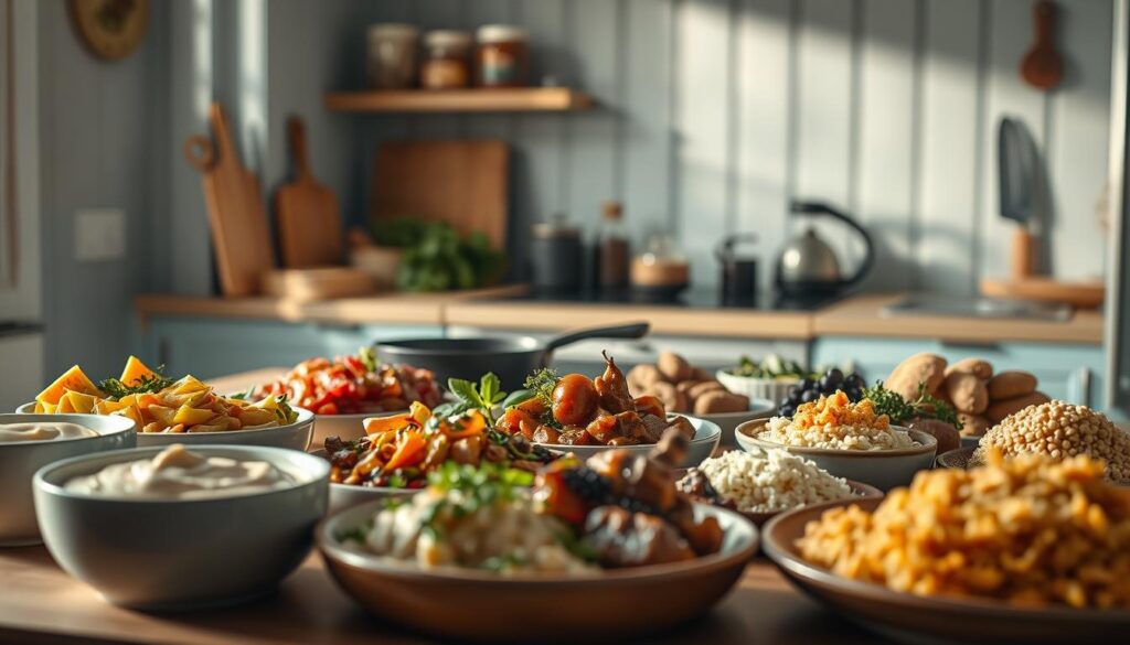 Diverse meal textures and techniques: a cozy, minimal kitchen environment with wooden textures and light blue accents. In the foreground, an assortment of freshly prepared dishes showcasing varied textures - smooth purees, crisp roasted vegetables, tender braised meats, and fluffy grains. The middle ground features various cooking implements like a cast-iron skillet, a wooden cutting board, and a set of sharp knives, all bathed in warm, directional lighting. In the background, shelves display an array of spices, herbs, and other culinary ingredients, hinting at the complex flavors and techniques used to create this visually appealing and satisfying meal.