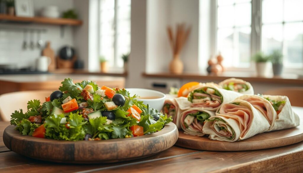 Elegant lunch spread of freshly prepared salad and wrap selections, showcased on a rustic wooden table in a cozy, minimal kitchen. The salad features a vibrant mix of leafy greens, crisp vegetables, and a zesty vinaigrette dressing. The wraps are artfully assembled with an assortment of thinly sliced deli meats, creamy spreads, and crunchy toppings, all wrapped in soft, pliable tortillas. Soft, natural lighting from large windows casts a warm glow, highlighting the textures and colors of the dishes. The overall atmosphere is one of simplicity, freshness, and inviting appeal.