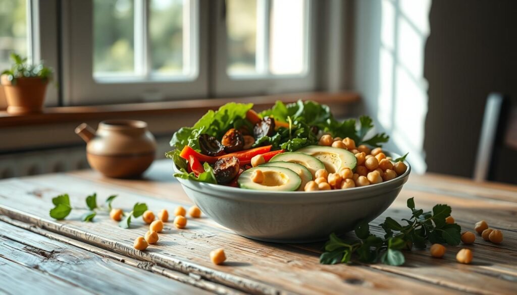 Elegant, nourishing lunch bowl ingredients arranged in a visually appealing composition on a rustic wooden table. Fresh crisp greens, vibrant roasted vegetables, creamy avocado slices, and a scattering of protein-rich chickpeas. Soft natural lighting from a large window illuminates the scene, casting gentle shadows and highlighting the vibrant colors and textures. The overall atmosphere is one of simplicity, balance, and health-conscious indulgence, perfect for a diabetic-friendly cold lunch recipe.