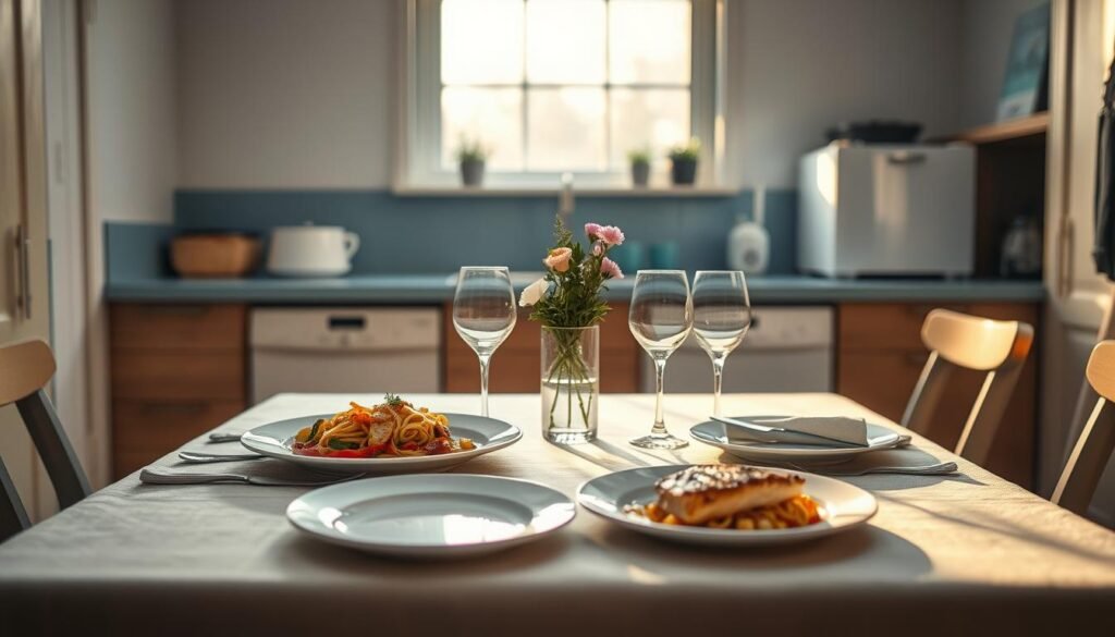 Elegant yet simple date night dinner scene in a cozy, minimalist kitchen with warm wooden textures and light blue accents. A delicate arrangement of fine china, stemware, and cutlery set atop a linen tablecloth, illuminated by soft, natural lighting from a large window. In the foreground, a pair of plates with freshly prepared, artfully presented meals, such as a pasta dish or pan-seared fish, accompanied by a bottle of wine and a small vase of flowers. The background features few appliances or decor, allowing the focus to remain on the intimate dining experience.