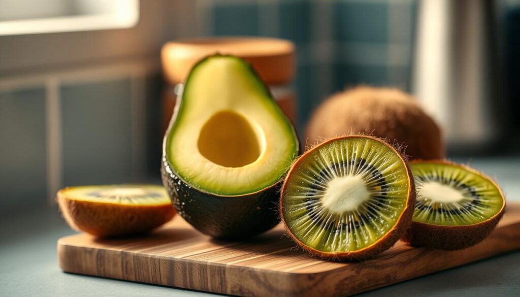 Exotic fruits in a cozy kitchen setting: a vibrant avocado and kiwi still life. The avocado's rich, creamy green contrasts with the fuzzy brown kiwi, both resting on a wooden cutting board. Soft, warm lighting casts a gentle glow, highlighting the textures and colors. The background features minimal, light blue accents, creating a calming, natural atmosphere. The overall composition is simple yet visually engaging, inviting the viewer to savor the beauty and potential of these unique, flavorful ingredients.