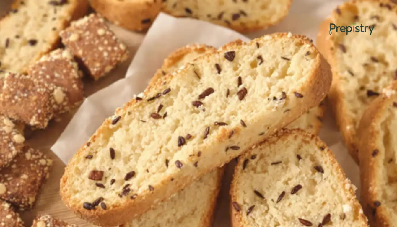Family Recipe Vanilla Bean Biscotti 2 Close-up of vanilla bean biscotti slices with seeds