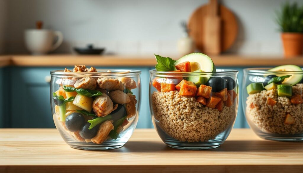 Four glass meal prep bowls filled with healthy, high-protein foods like grilled chicken, roasted vegetables, quinoa, and avocado. The bowls are arranged on a wooden kitchen counter with light blue accents, surrounded by minimal, natural lighting. The overall scene has a cozy, inviting atmosphere, showcasing the versatility and appeal of these nutrient-dense protein meal prep options.
