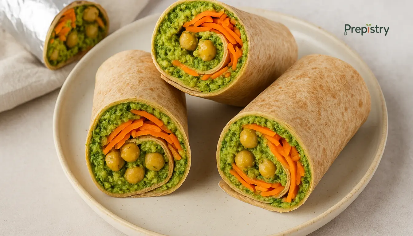 Freezer-Friendly Broccoli Pesto Chickpea Wraps Sliced whole wheat wraps filled with broccoli pesto, chickpeas, and shredded carrots on a plate