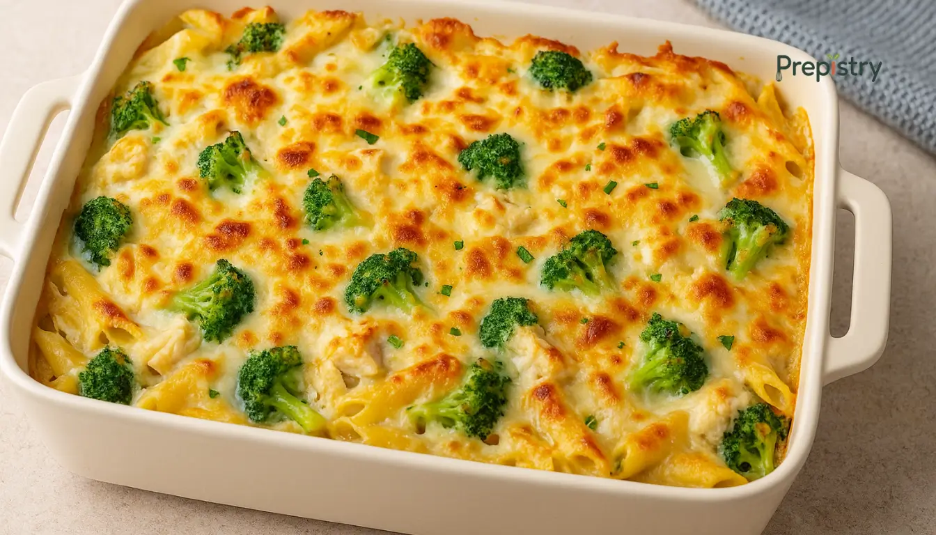 Freezer-Friendly Chicken Broccoli Alfredo Bake Golden baked chicken broccoli alfredo casserole in a cream-colored ceramic dish