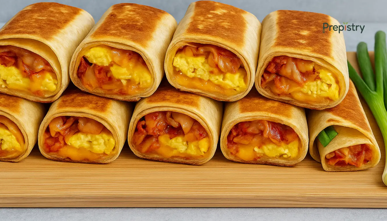 Freezer-Friendly Kimchi Egg & Cheddar Breakfast Golden-brown breakfast wraps filled with egg, cheddar, and kimchi stacked on a board