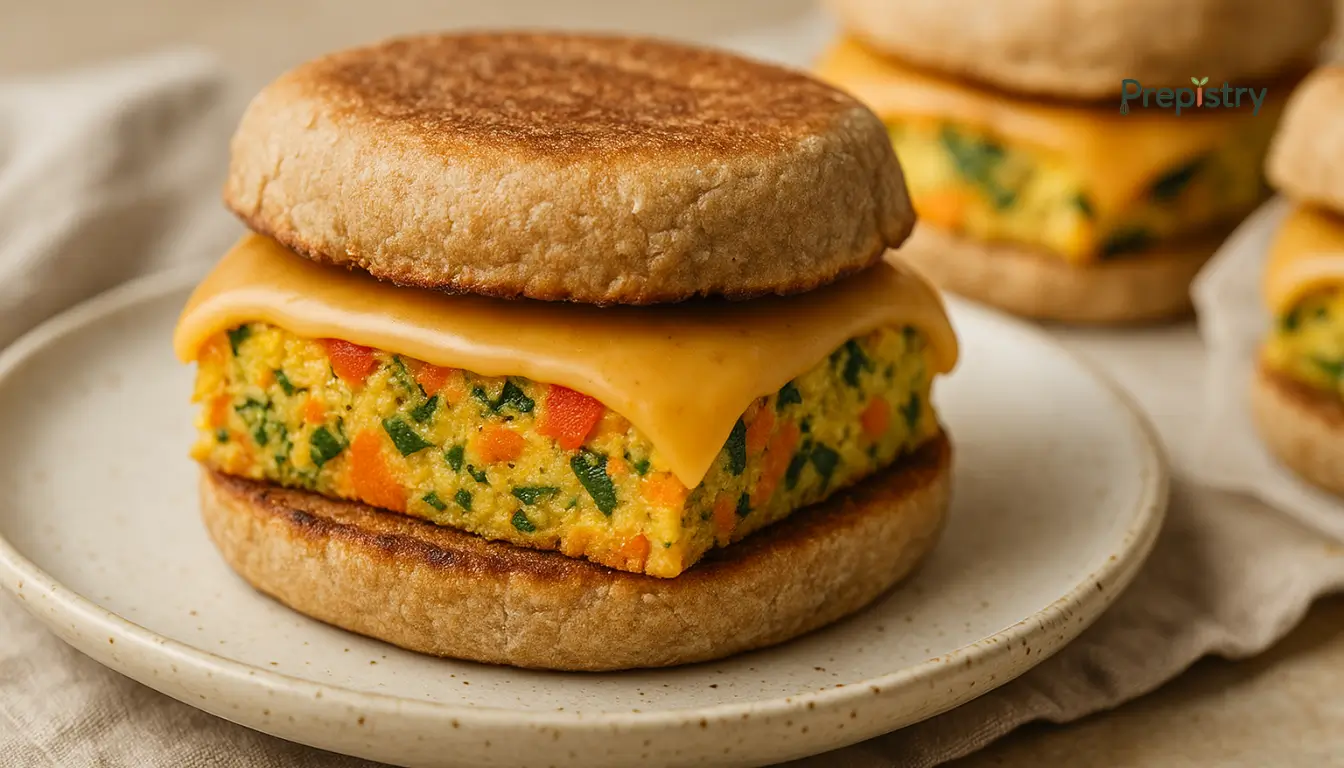 Freezer-Friendly Spiced Veggie Frittata Sandwiches Toasted English muffin sandwich with spiced veggie frittata and melted cheddar cheese
