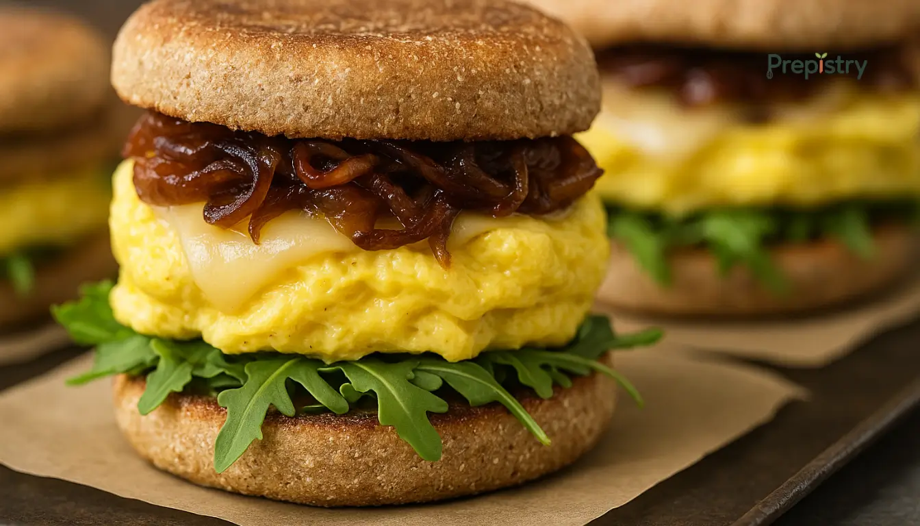 Toasted breakfast sandwich with eggs, Gruyère, caramelized shallots, and arugula