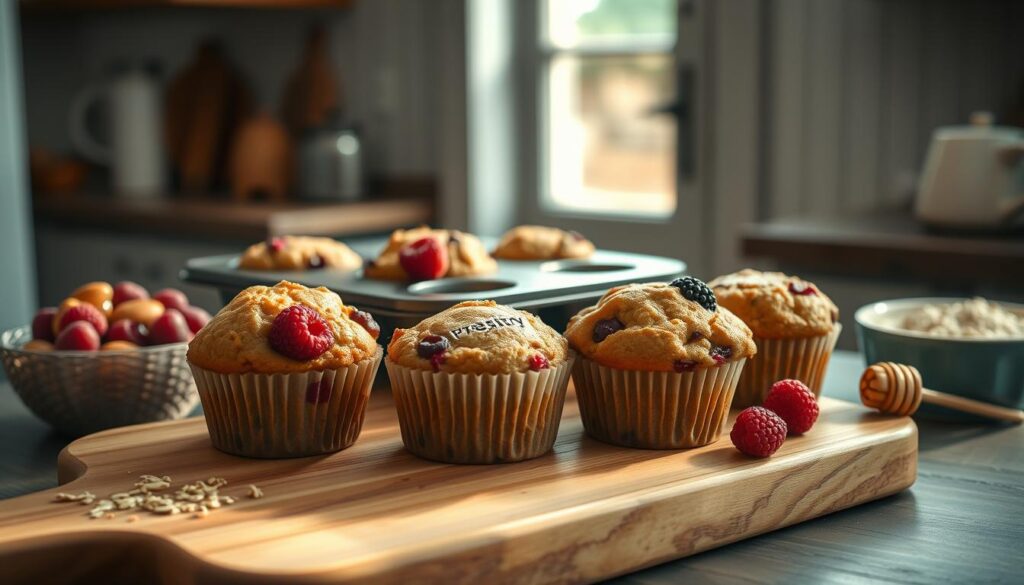 Freshly baked, mouthwatering protein-packed muffins sit atop a wooden cutting board in a cozy, minimalist kitchen. The muffins have a golden-brown crumb and are dotted with plump berries, lending a pop of color. Warm natural light spills in through a nearby window, casting a soft glow over the scene. The Prepistry logo is subtly embossed on the muffin tin. Ingredients such as rolled oats, almond flour, and raw honey are arranged around the board, hinting at the wholesome, nutritious nature of these breakfast treats.