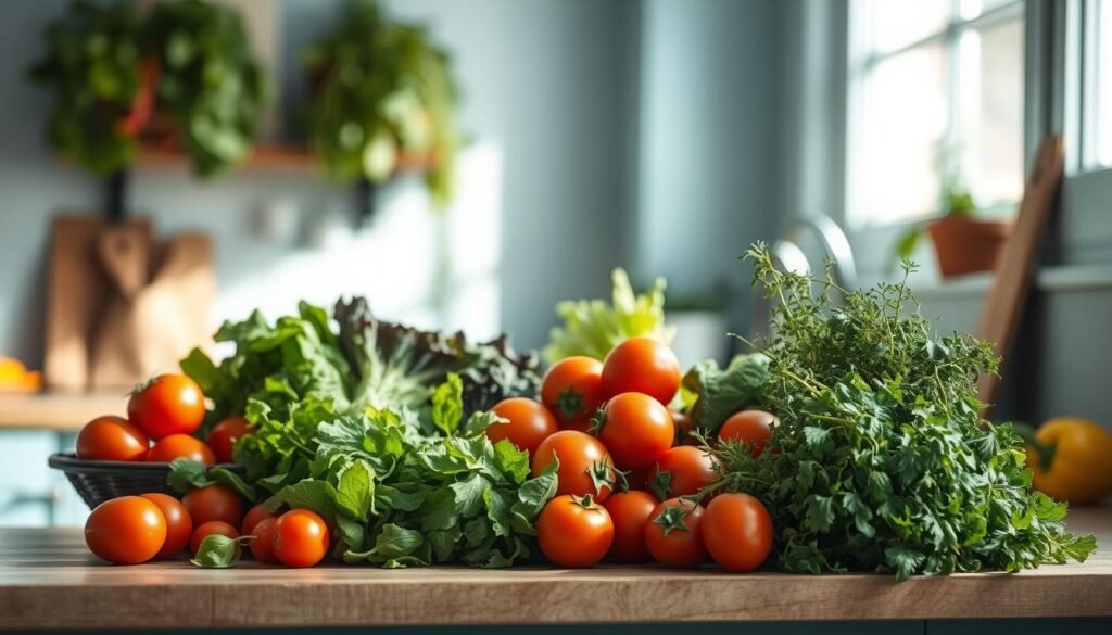 Freshly harvested local ingredients fill a cozy kitchen counter: vibrant leafy greens, juicy tomatoes, crisp vegetables, and aromatic herbs. Soft natural light filters through the windows, highlighting the textures and colors of the healthy meal components. The simple, minimal space with light blue accents creates a serene, inviting atmosphere, encouraging mindful preparation of nourishing, flavorful dishes to fuel the body. An intimate, rustic scene that celebrates the bounty of the local land.