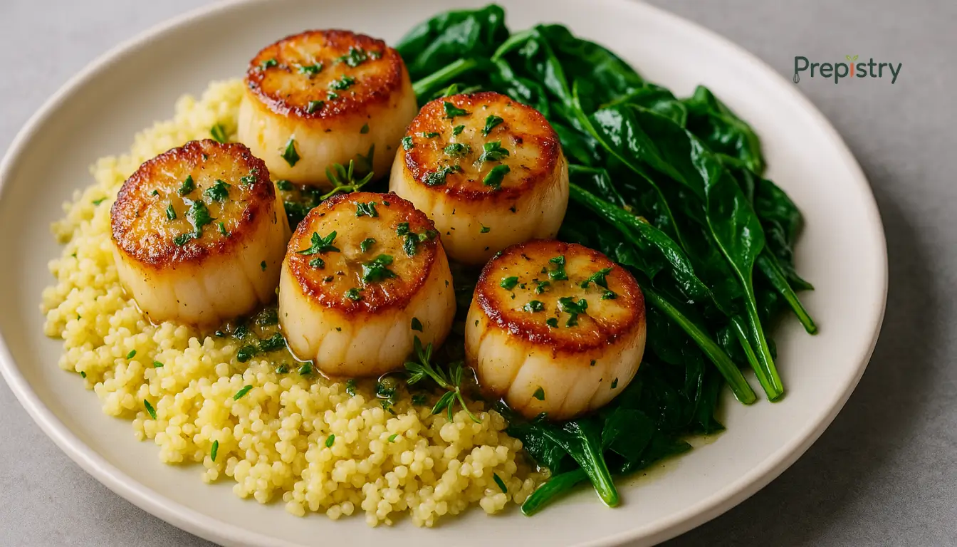Garlic-Herb Butter Seared Scallops Seared scallops with garlic-herb butter, served on lemon couscous and wilted greens