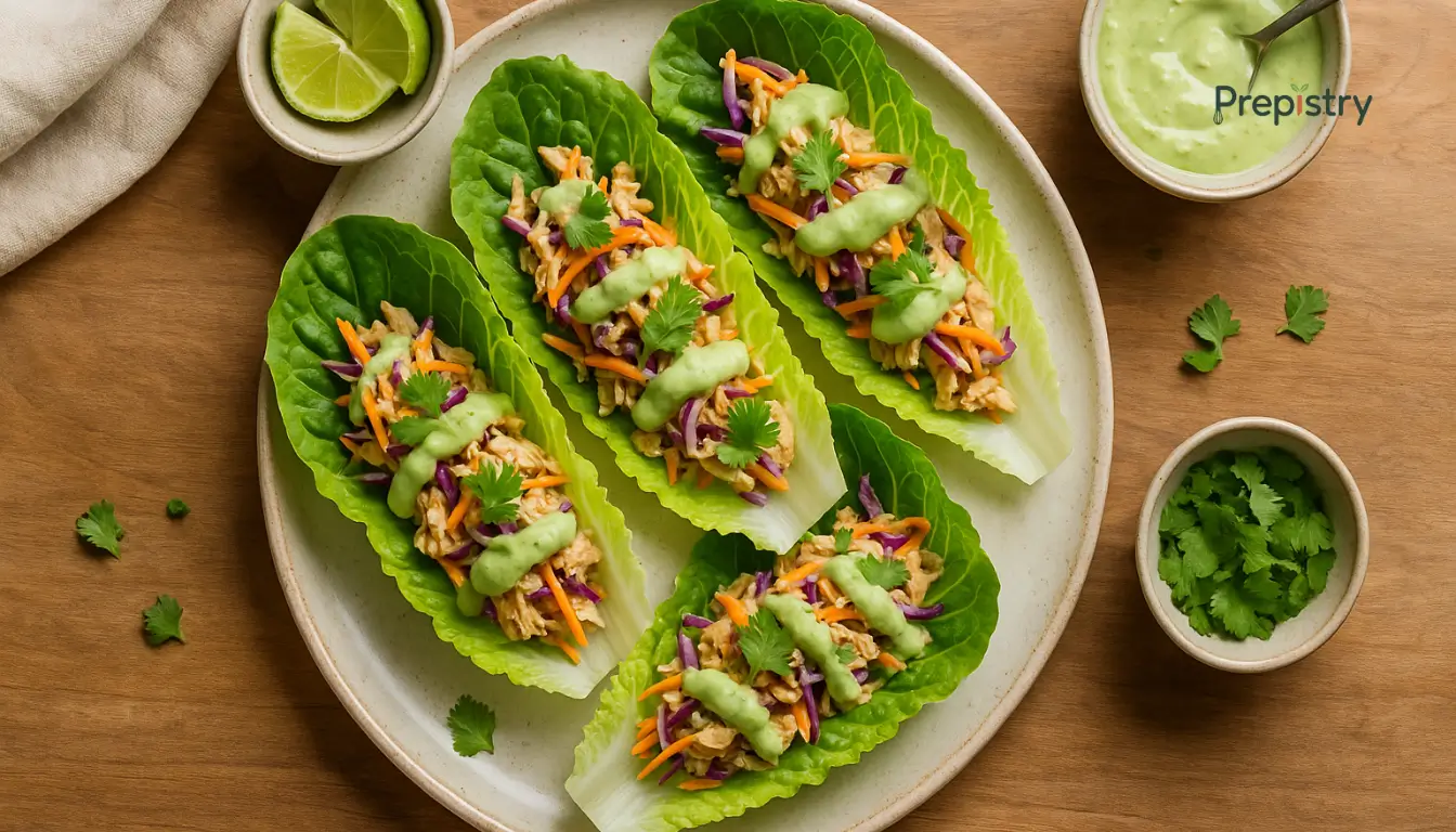 Ginger-Lime Chicken & Rainbow Slaw Lettuce Boats Ginger-lime chicken lettuce boats with rainbow slaw and avocado drizzle on ceramic plate