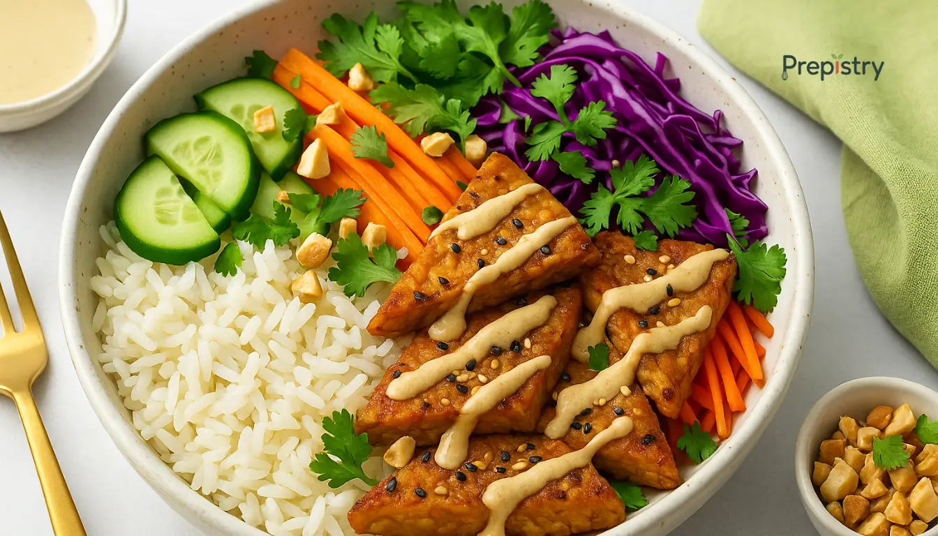 Ginger-Lime Tempeh Rainbow Bowls Colorful bowl of ginger-lime tempeh, coconut rice, and fresh veggies in a white dish