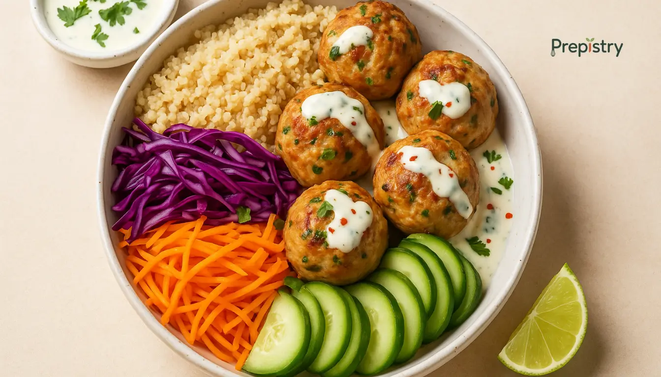 Ginger-Lime Turkey Meatball Bowls Ginger-lime turkey meatballs with quinoa, shredded carrots, cabbage, cucumber, and yogurt sauce