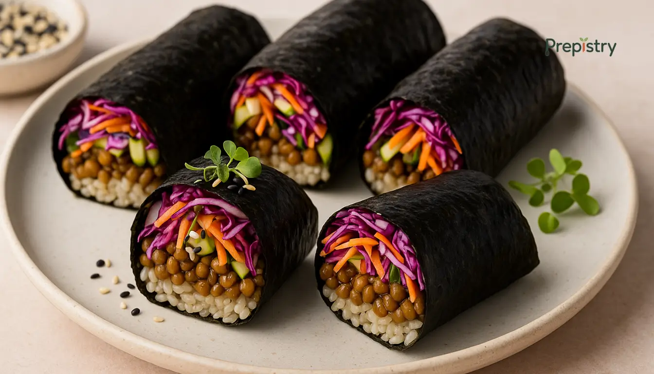 Ginger Miso Lentil Rice Wraps with Crunchy Slaw Nori wraps filled with lentils, rice, and colorful slaw on a ceramic plate