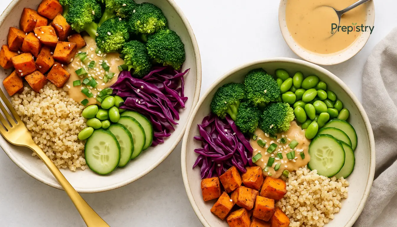 Ginger Miso Quinoa & Veggie Power Bowls Ginger miso quinoa bowls with sweet potato, broccoli, cabbage, edamame, and cucumber