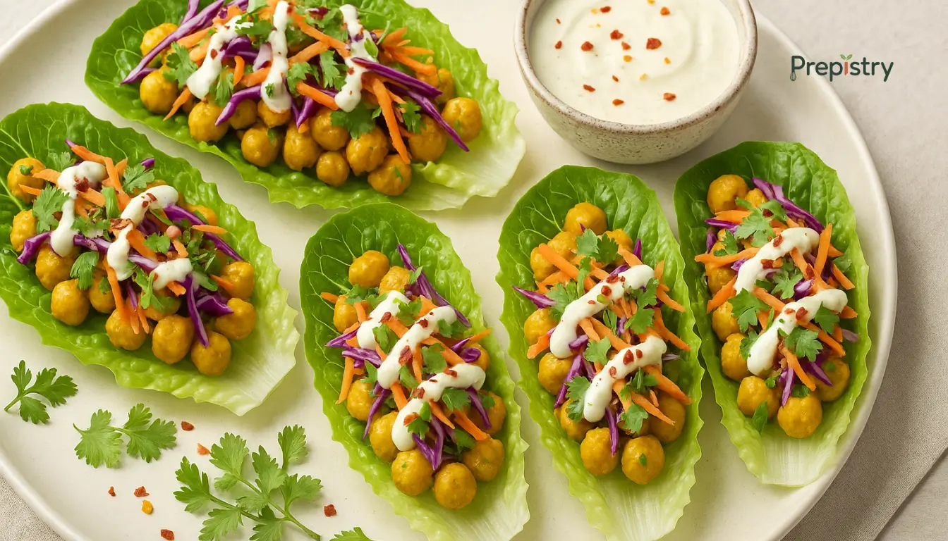 Ginger-Turmeric Chickpea Lettuce Boats Ginger-turmeric chickpea lettuce boats with yogurt drizzle and colorful vegetables