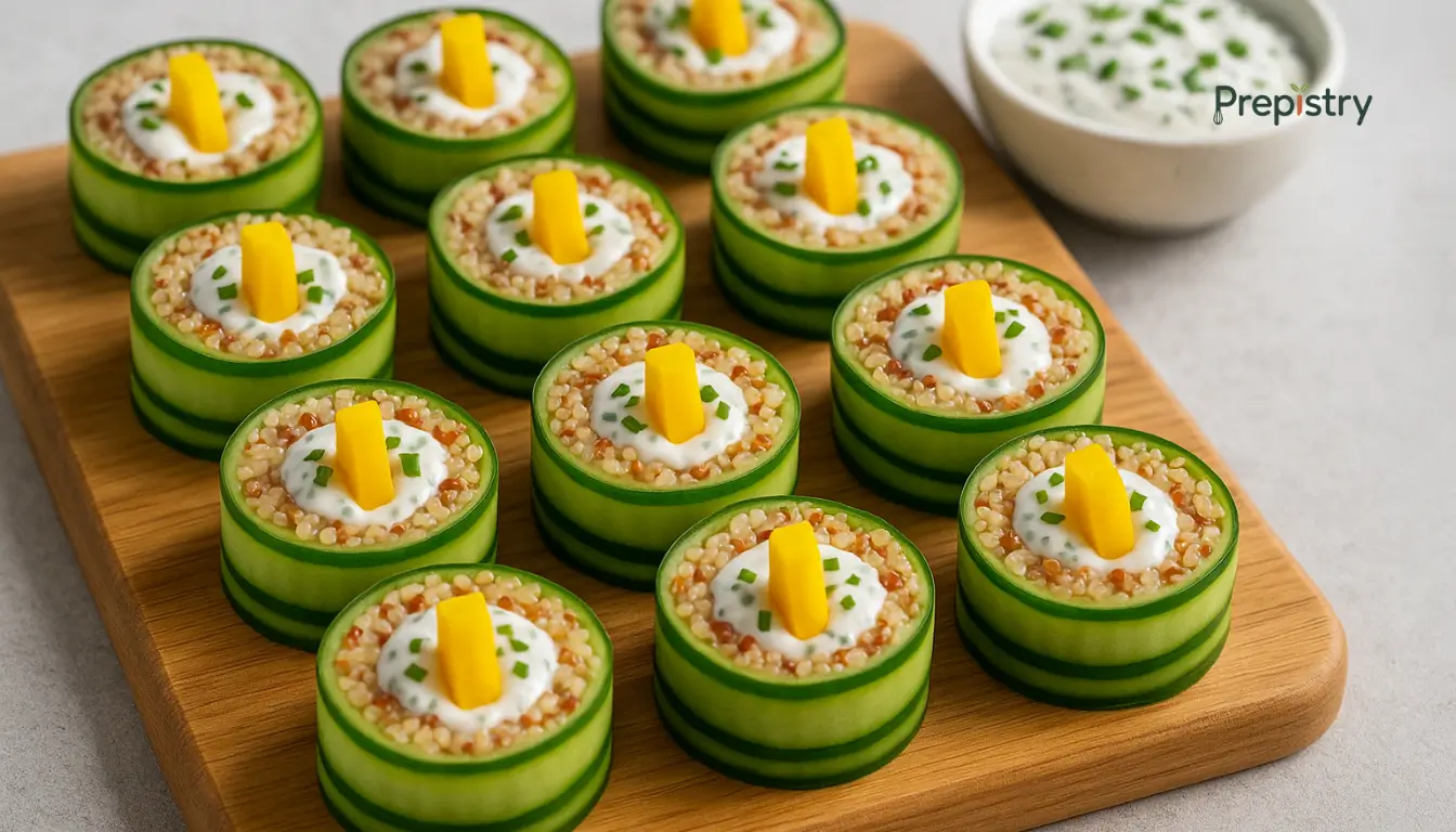 Golden Beet & Quinoa Breakfast Sushi Bites Quinoa sushi bites with golden beet and cucumber on wood board beside yogurt dip