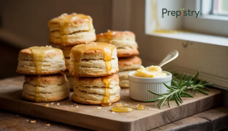 Honey butter biscuits with honey drizzle served alongside butter on a wooden board.