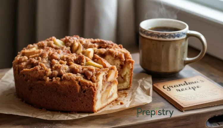 Crumb-topped apple cinnamon coffee cake beside coffee cup and recipe card.