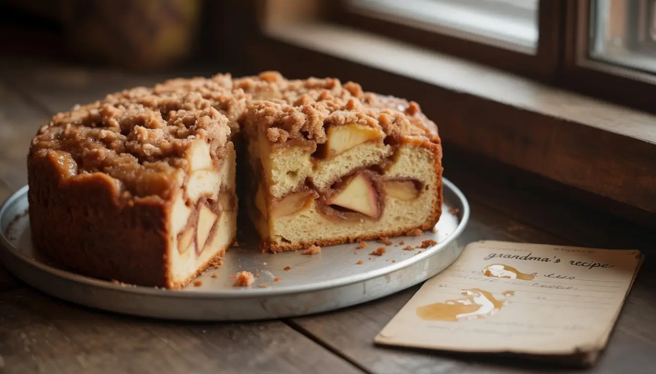 Grandma's Apple Cinnamon Coffee Cake 2 Round apple cinnamon crumb cake with apple slices on a metal plate.