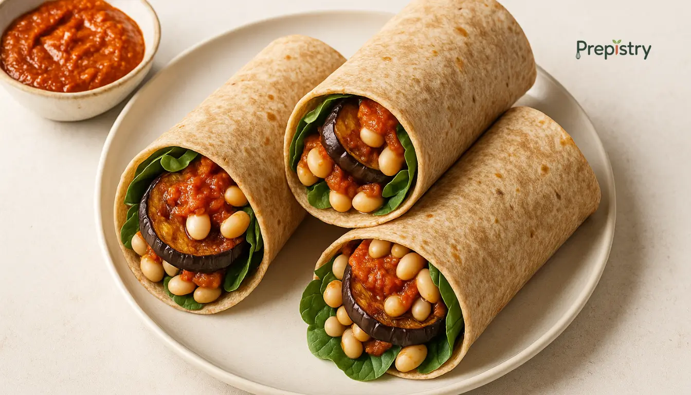 Harissa Eggplant & White Bean Wraps Harissa eggplant and white bean wraps with greens on a ceramic plate
