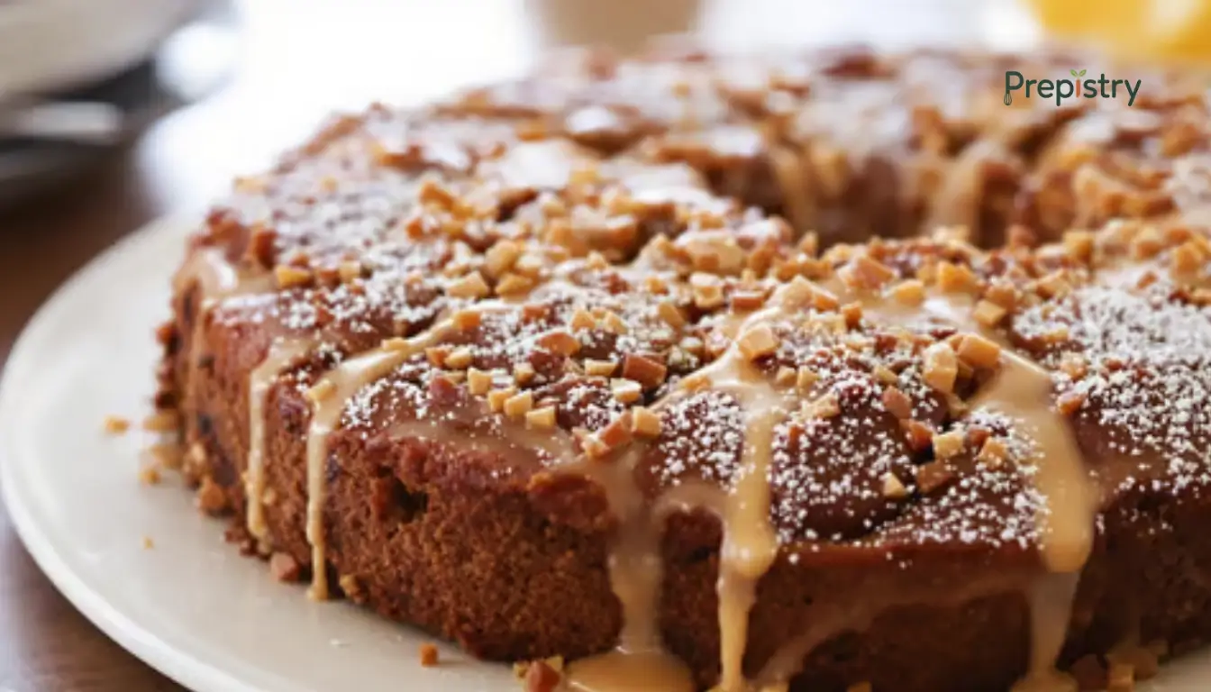 Heirloom Butterscotch Breakfast Coffee Cake 2 Heirloom butterscotch coffee cake drizzled with icing and topped with nuts