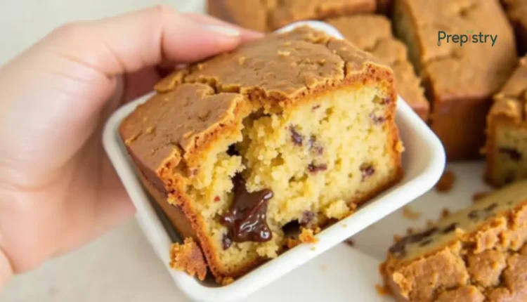 Sliced butterscotch coffee cake with a soft interior and topping