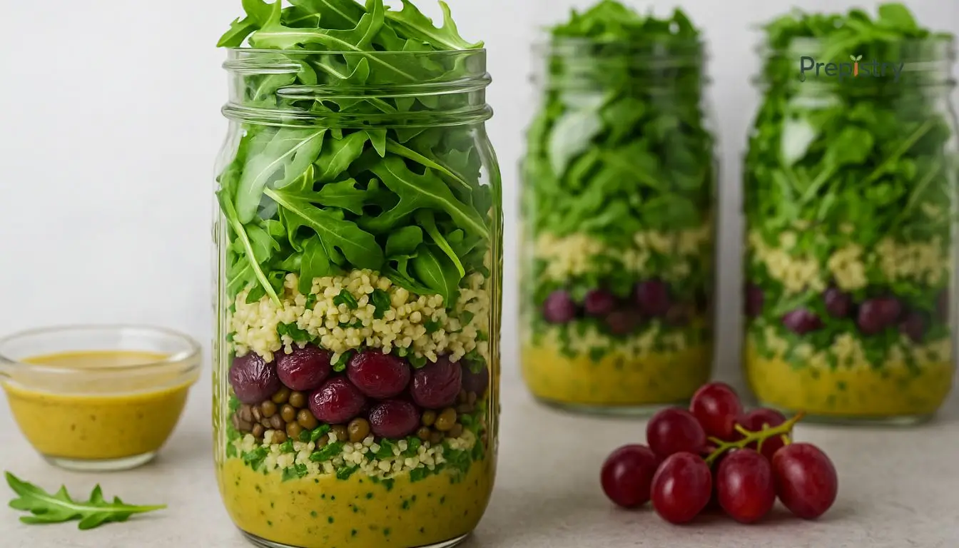 Herbed Couscous & Roasted Grape Salad Jars Layered couscous salad jars with roasted grapes, lentils, greens, and golden dressing